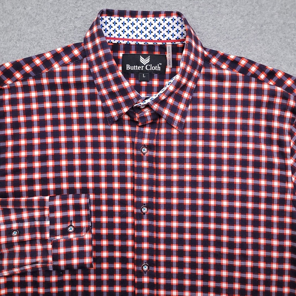 Butter Cloth Shirt Mens Large Red Blue White Plaid Button Up Casual